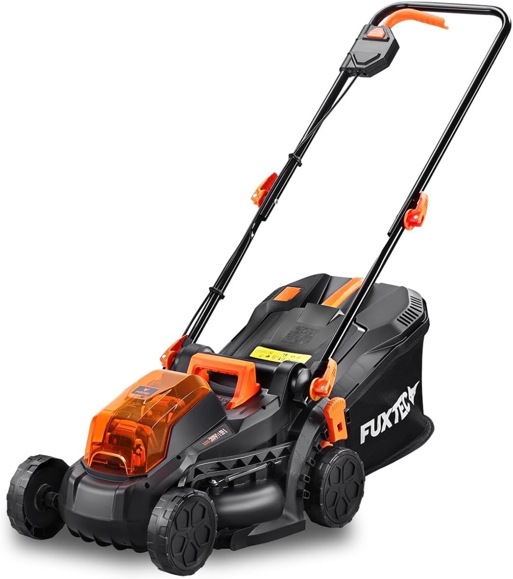FUXTEC Akku Garten-Set – 20V Akku Rasentrimmer und 33cm Rasenmäher 40V (2x20V) inklusive 3X 2Ah Li-Ion Akkus & Doppelladegerät – Trimer Schnittbreite 25cm – Rasenmäher mit Schnitthöheneinstellung
