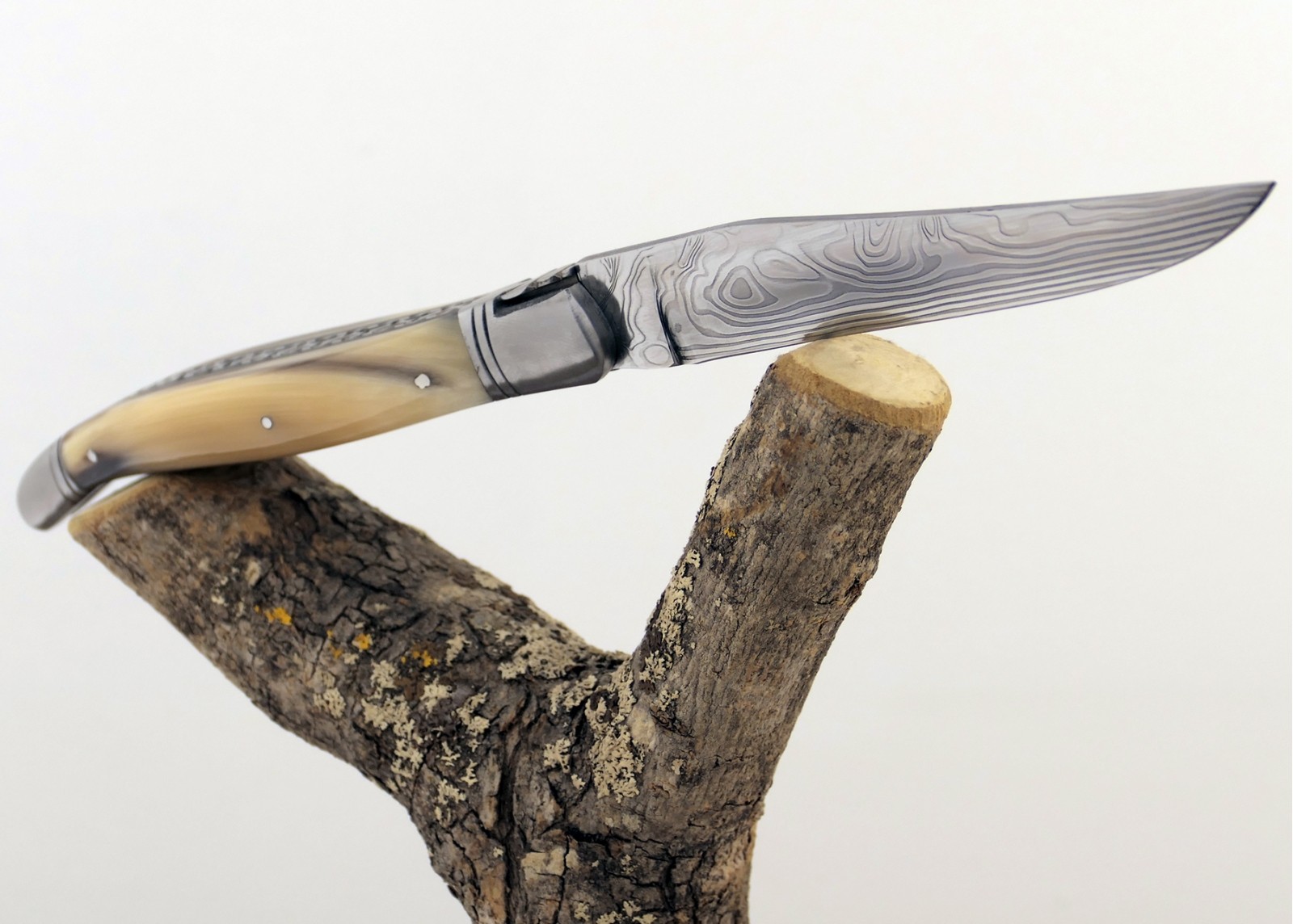 Couteau Laguiole prestige avec un manche en pointe de corne blonde et mitres en acier inoxydable et lame Damas