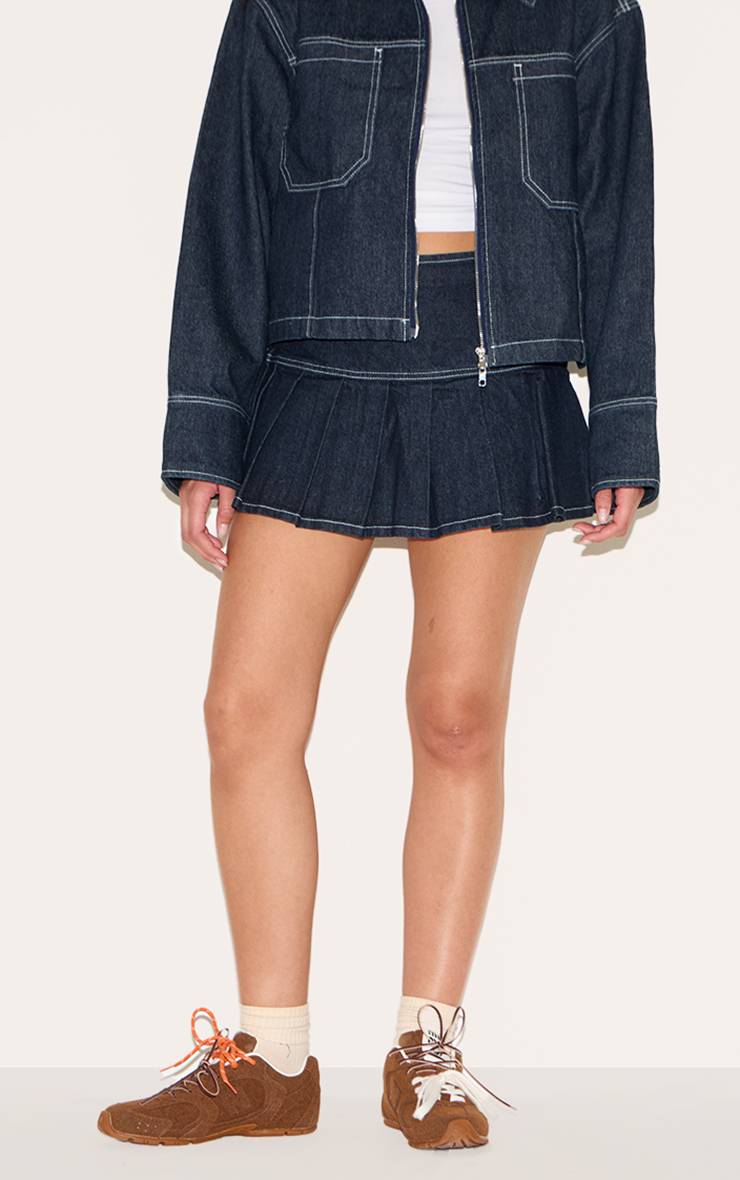 Bleu Indigo Foncé Mini-jupe En Denim Plissée À Coutures Contrastées