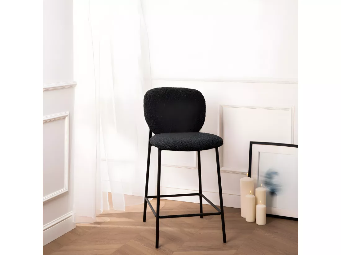 DALBY - Lot de 2 tabourets de bar en tissu bouclette et métal H65cm - Noir