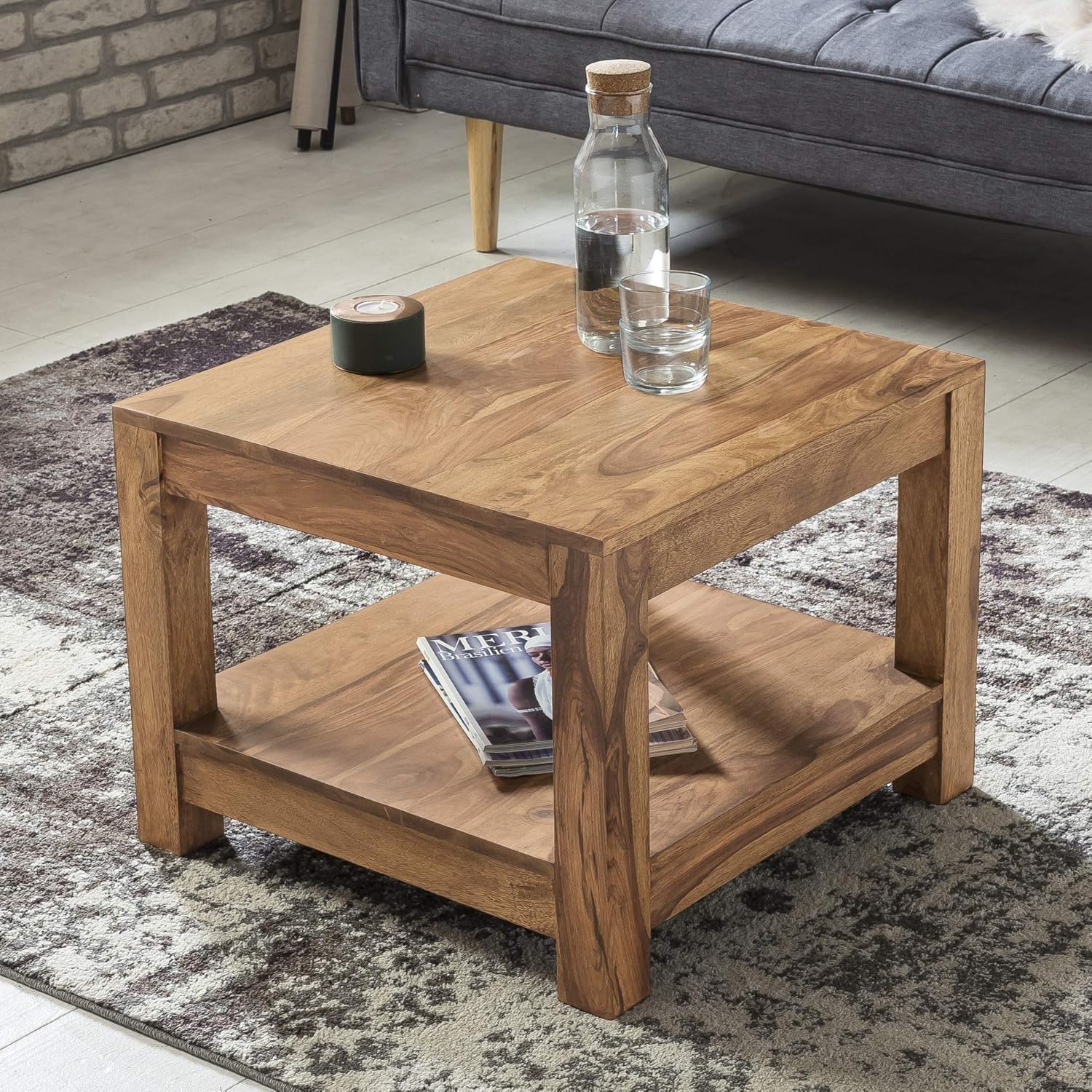 FineBuy Couchtisch Massivholz 60x60 cm · Quadratischer Wohnzimmertisch mit Ablage · Handgefertigter Echtholztisch im natürlichen Design · Stabil & nachhaltig gefertigt Braun