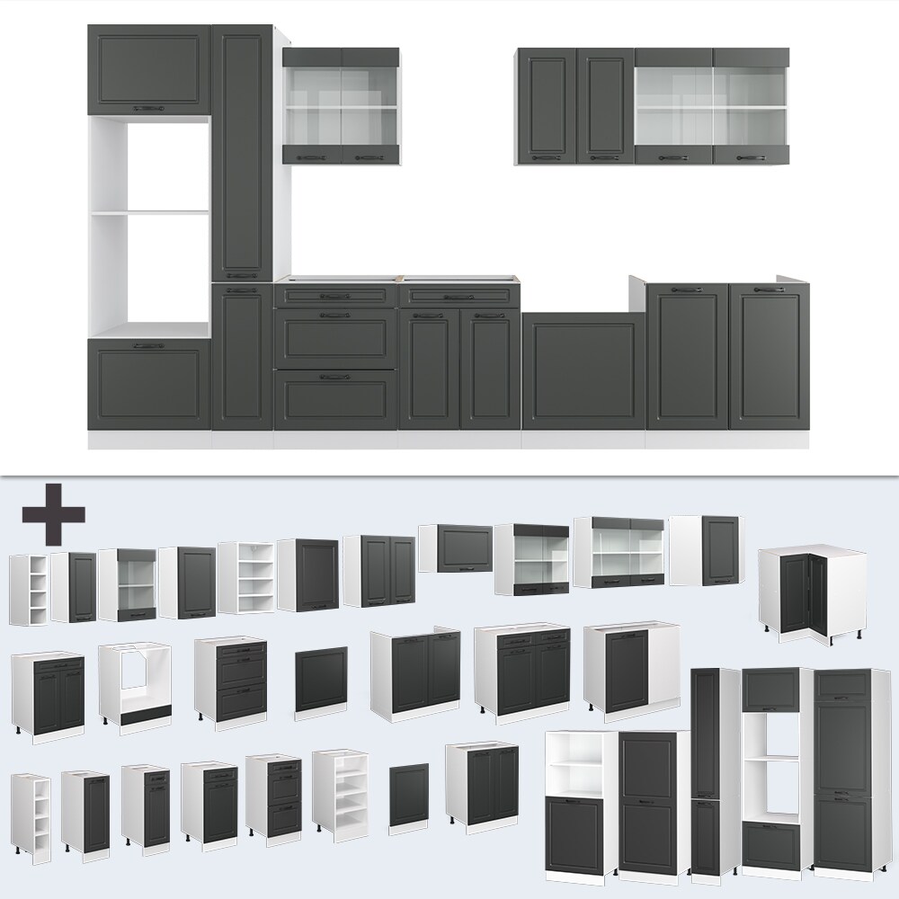 Vicco Küchenzeile Küchenblock Einbauküche R-Line 350 cm Landhaus Weiß Anthrazit Küche