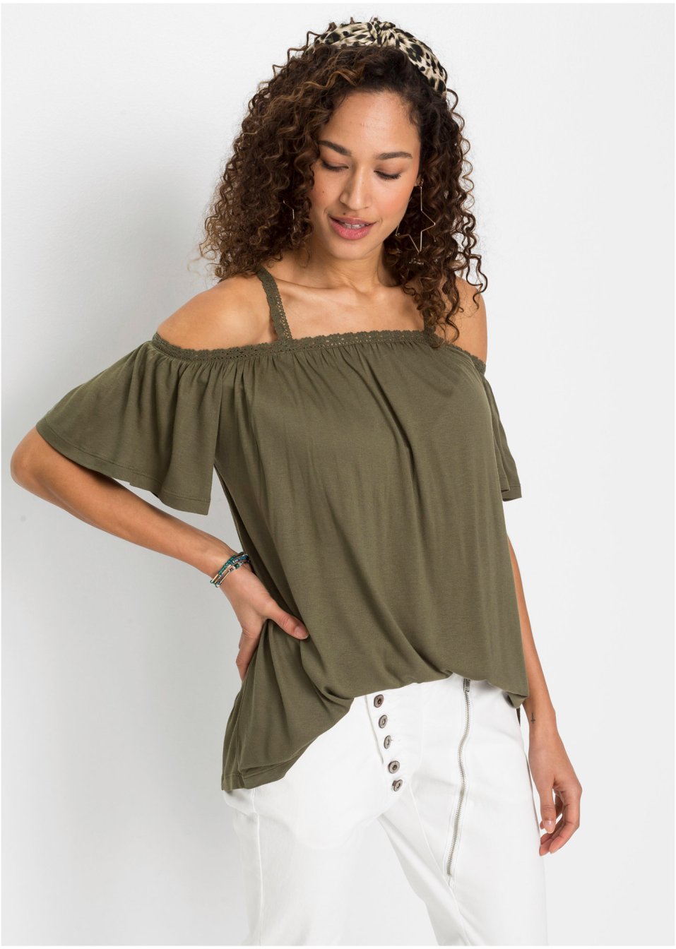 T-shirt à épaules dénudées avec galon en dentelle