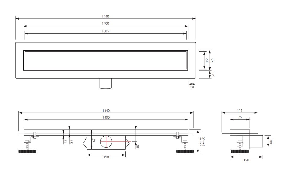 Brauer douchegoot 140x7cm met multifunctioneel rooster en flens RVS geborsteld