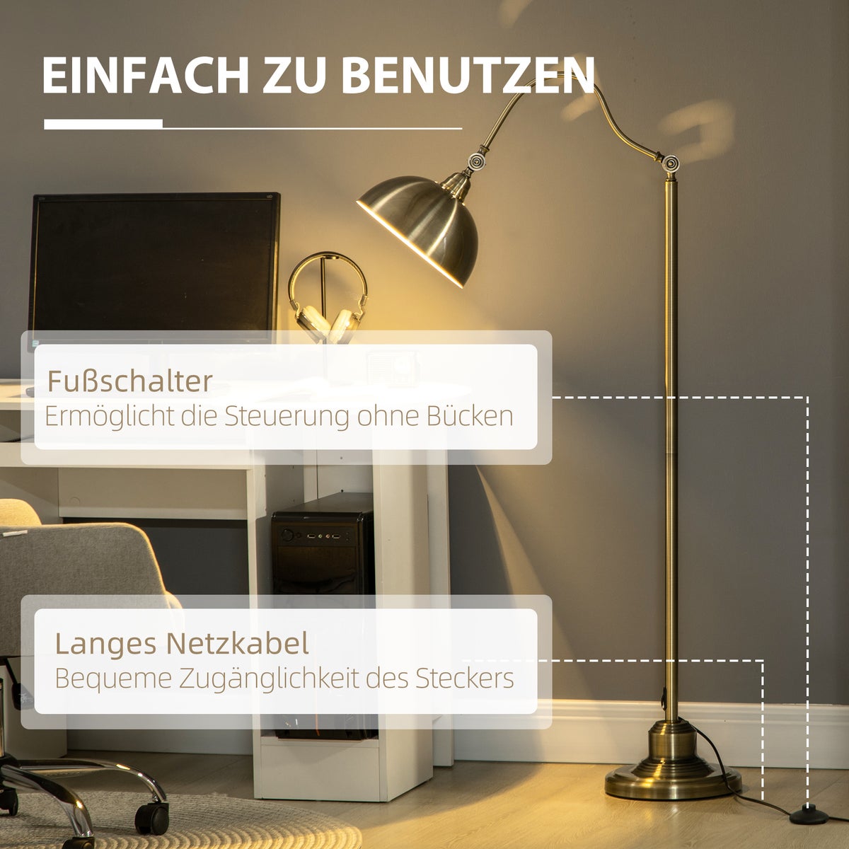 HOMCOM staande lamp, 42L x 25,5B x 152H cm, metaal, brons