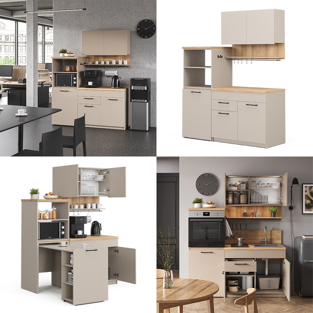 Vicco Singleküche Egbert Greige Eiche 160 cm mit ausziehbarem Tisch