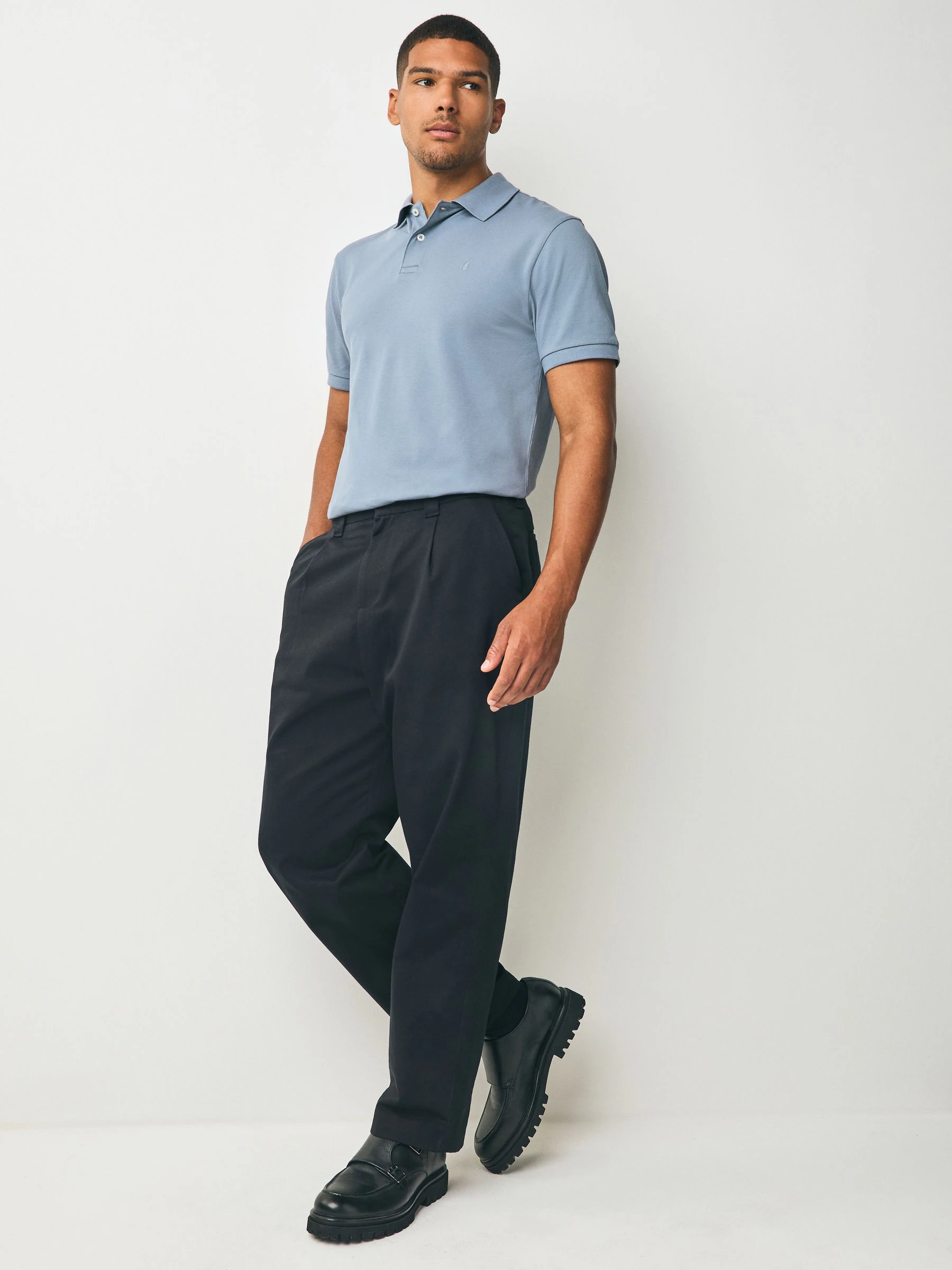Staalblauw - Slim Fit - Long-Sleeve Pique Polo Shirt