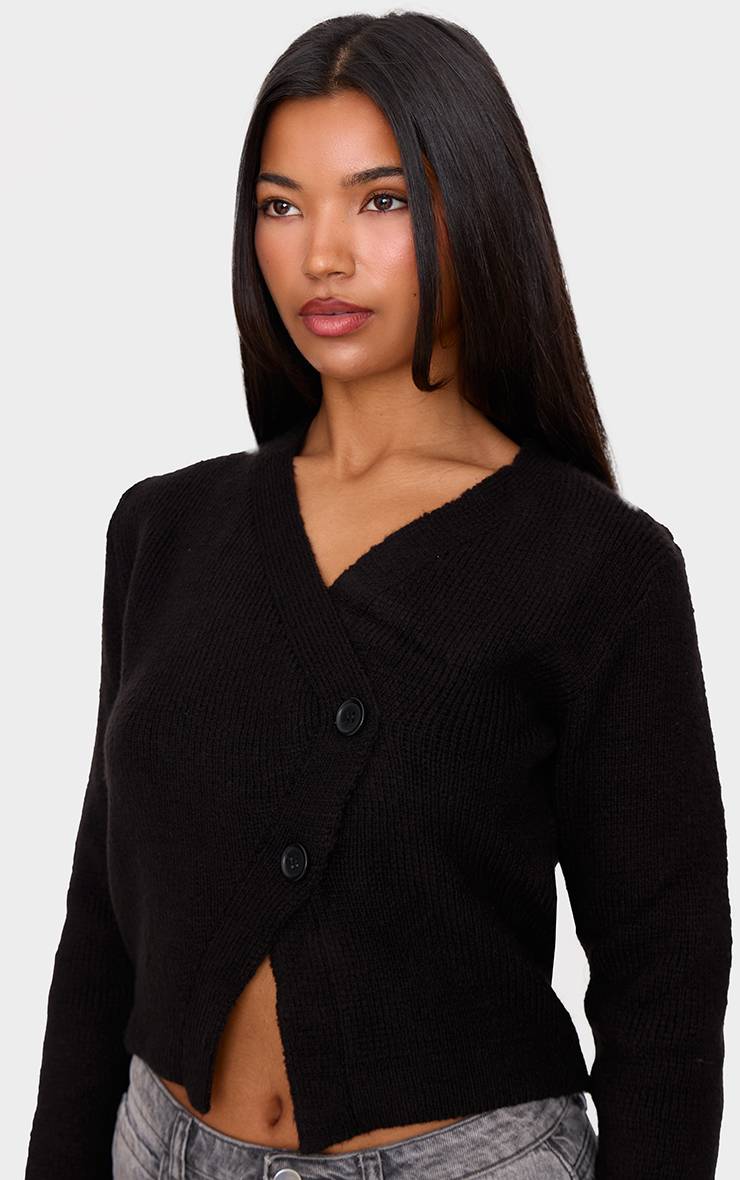 Noir Cardigan Asymétrique Boutonné En Maille