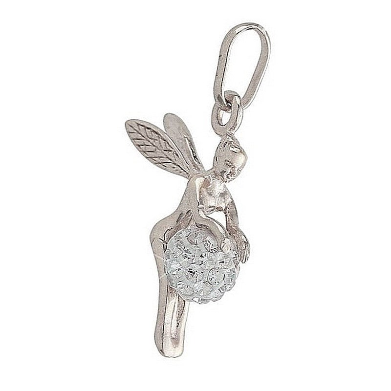 Pendentif Fée clochette et sa boule disco cristal en argent 925°/00 + chaine