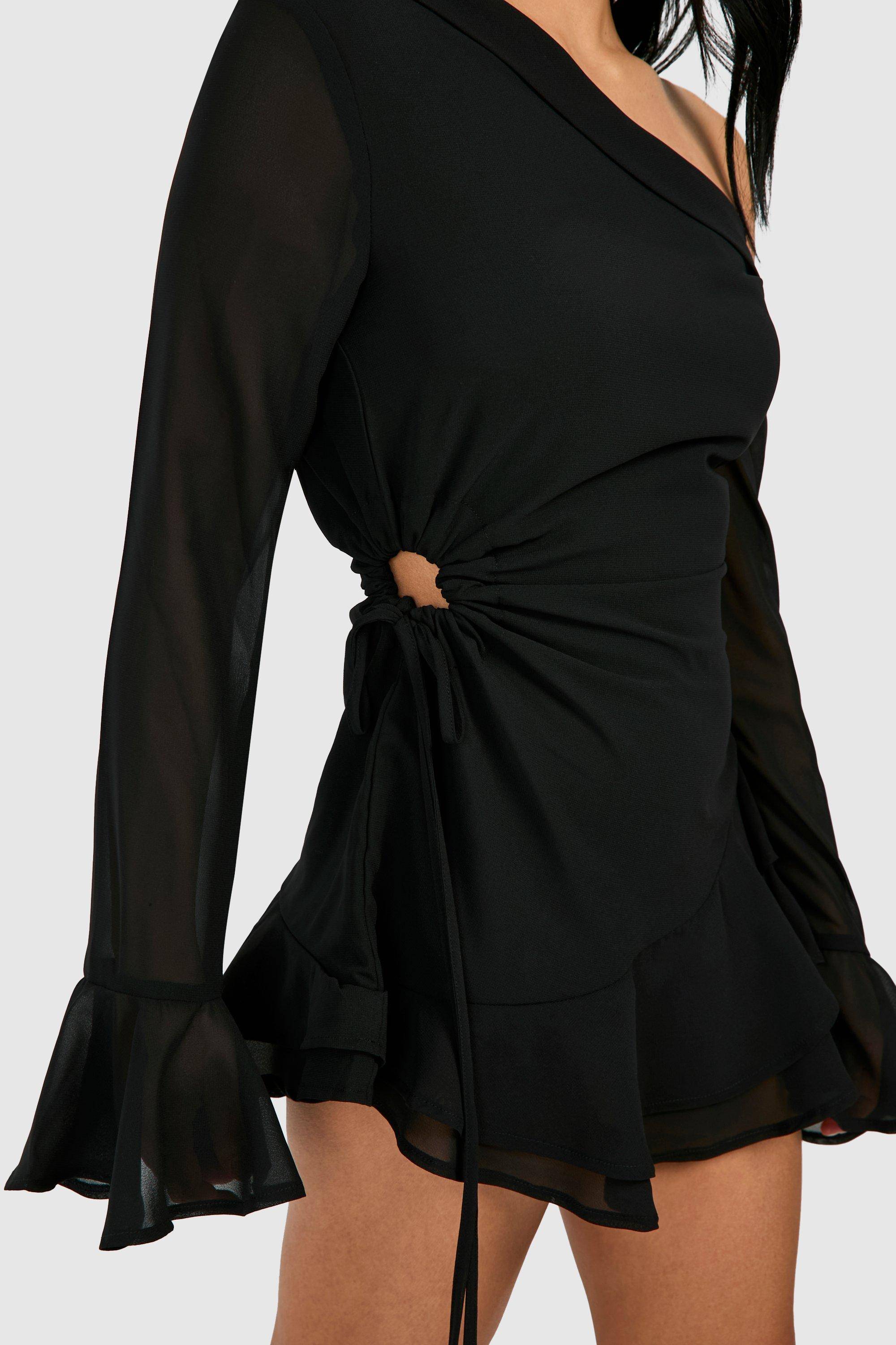 boohoo Robe Mini Bardot en Mousseline à Manches Longues