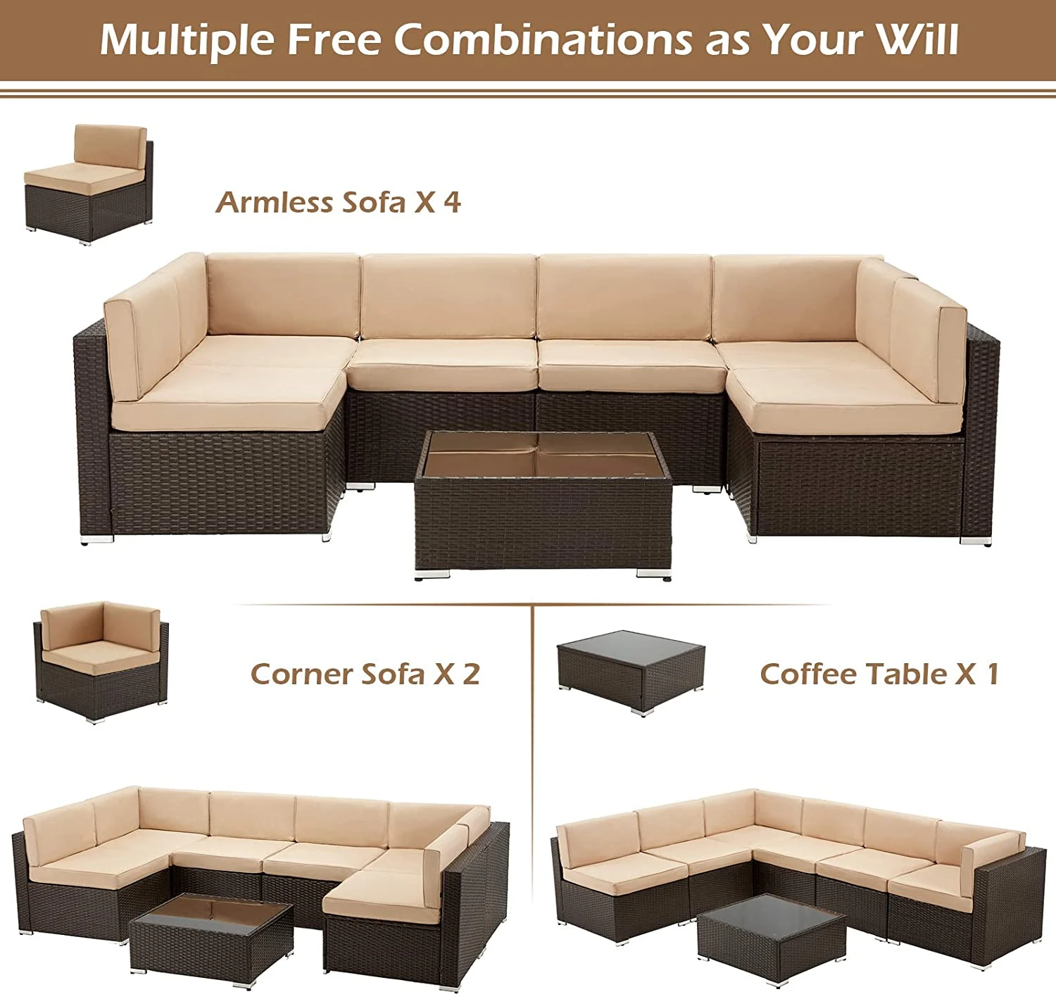 U-MAX 7 Piece Outdoor Patio Furniture Set, PE Rattan Wicker Sofa Set, Outdoor Sectional Furniture Chair Set with Khaki Cushions and Tea Table