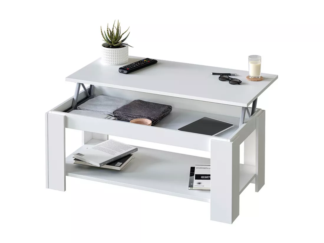 Table Basse relevable coloris blanc artic - 43 x 102 x 50 cm