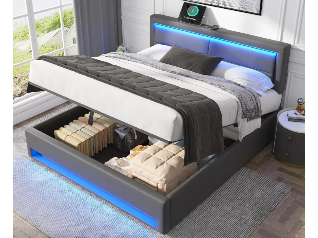 Lit coffre 160x200 cm en similicuir avec LED - avec ports de recharge (filaire & sans fil) - Gris