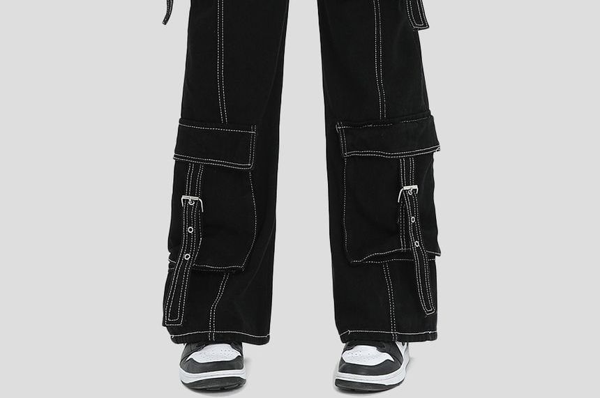INStudio - Cargojeans met hoge taille en contrasterende bies, losse pasvorm en rechte pijpen