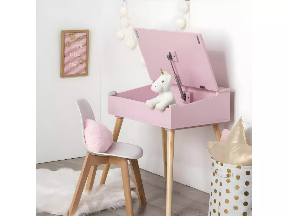 Pupitre d'écolier rose avec couvercle rabattable