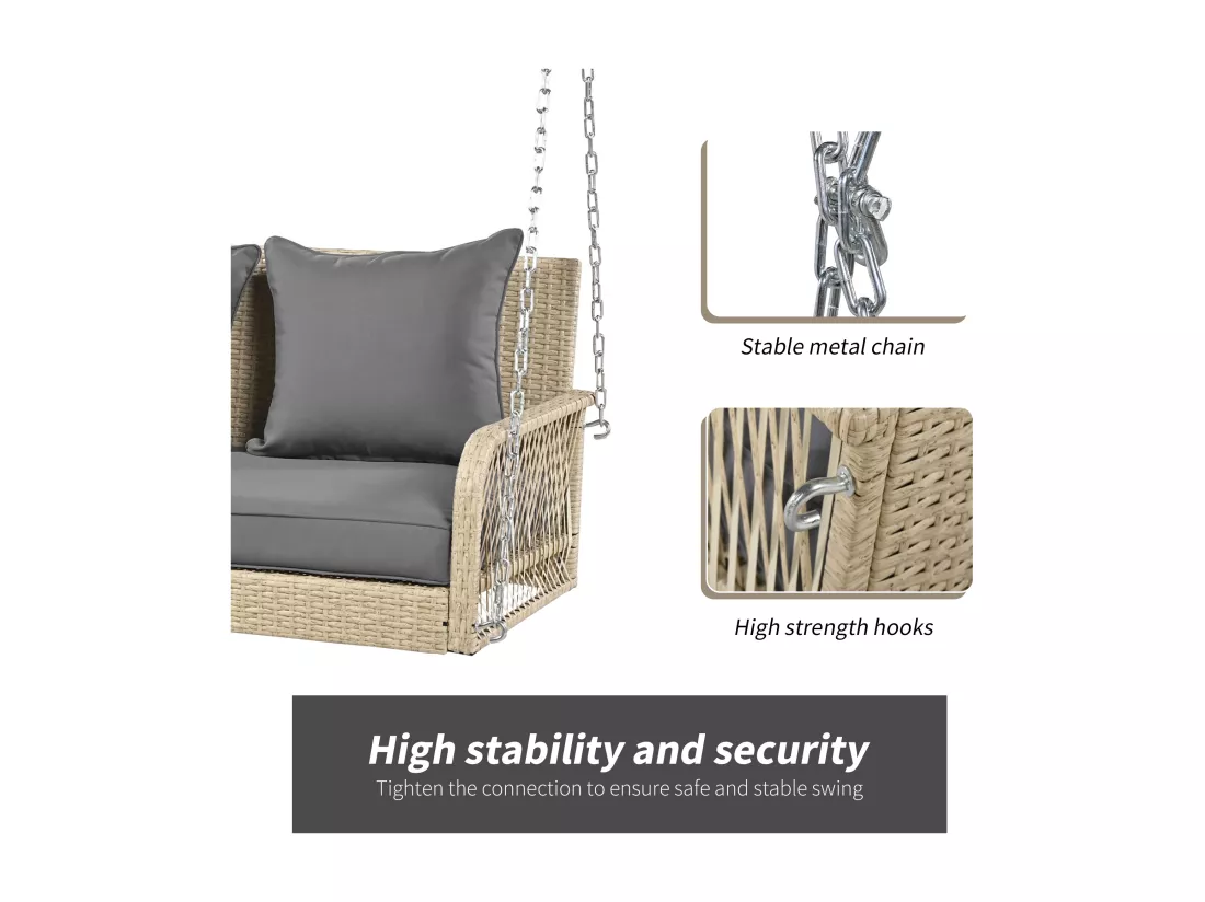 Fauteuil suspendu 114 cm en rotin PE - 2 Places - Coussin d'assise rembourrage 11 cm - Beige + gris