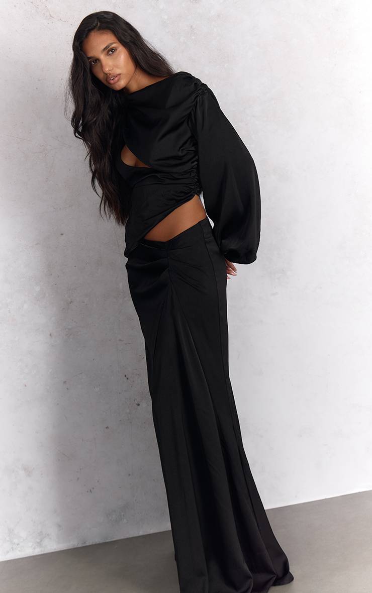 Noir Jupe Longue En Satin À Taille Échancrée