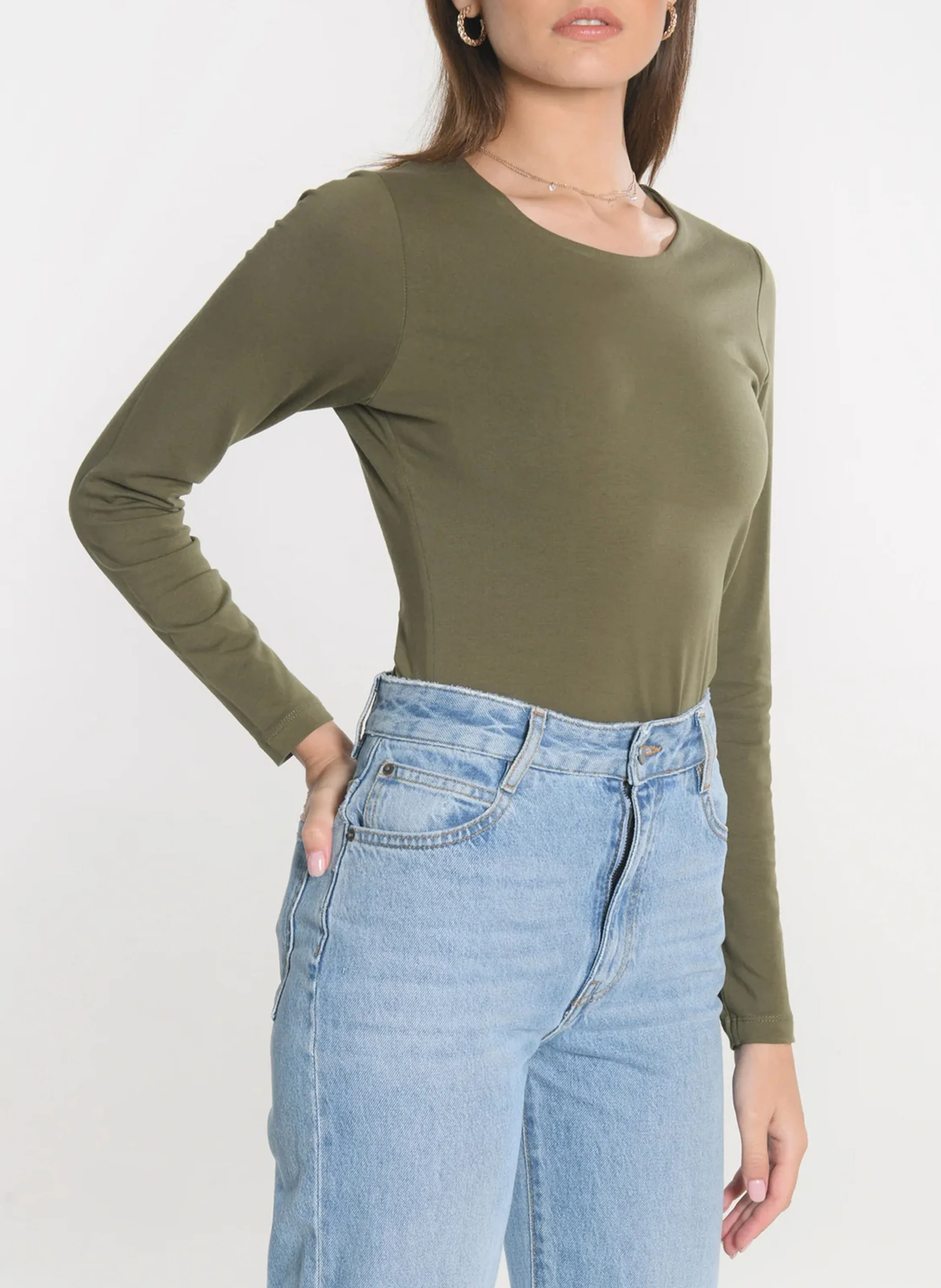 CURT - Tee-shirt cintré col rond en coton stretch | Kaki