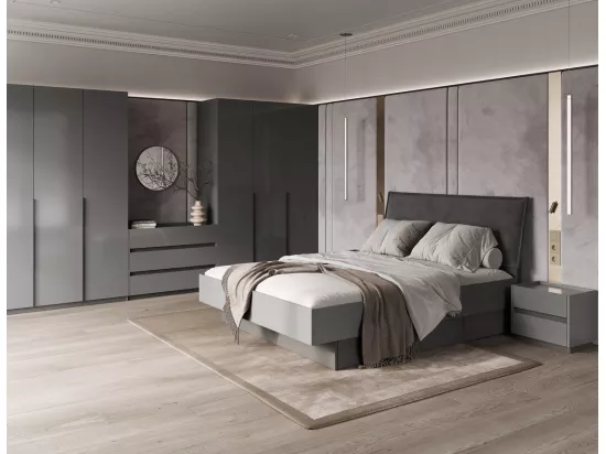 Chambre complète TEO lit + 2 chevets + commode anthracite
