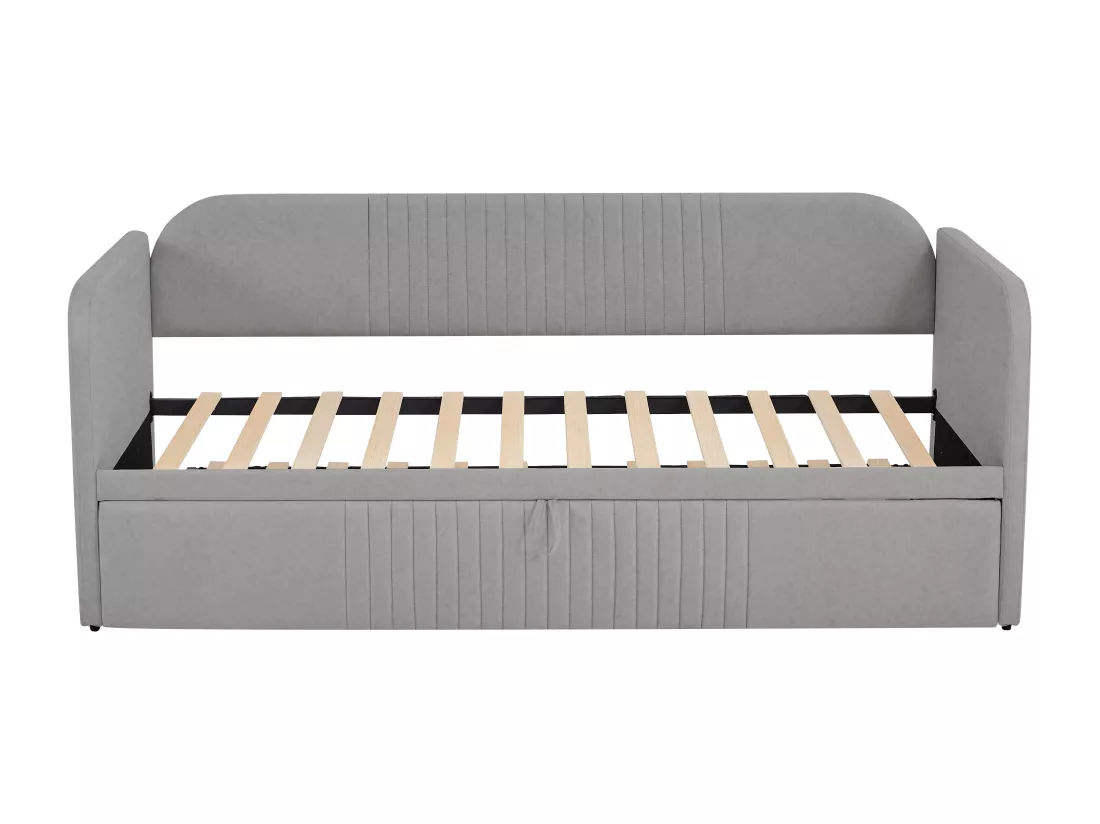 Lit gigogne 90/180x190 cm - lit canapé en tissu lin - avec sommier à lattes - Gris clair
