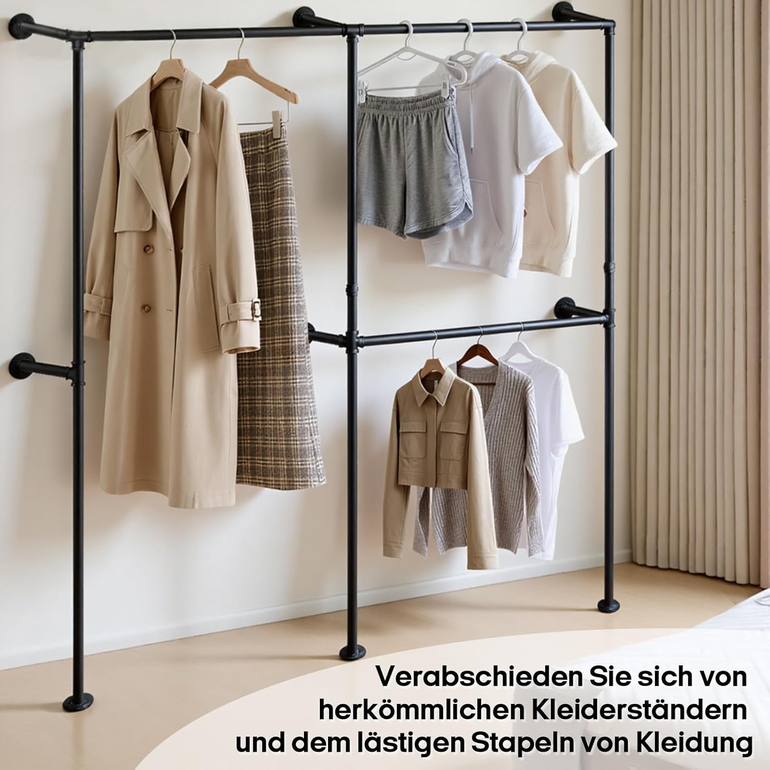 Offener Kleiderstange Wandmontage 300kg Traglast, Begehbarer Kleiderschrank mit 3 Kleiderstangen, 210cm x 180cm Industrial Kleiderschrank oder Kleiderständer Schwarz aus Metall Wasserrohren