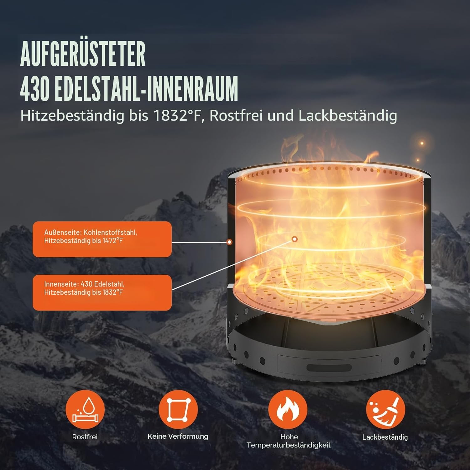 VEVOR Rauchfreier Feuerstellenofen, Lagerfeuer, H: 15,4 Zoll x Durchmesser: 19,3 Zoll, Holzkamine mit abnehmbarer Aschepfanne, tragbare Feuerstelle für den Außenbereich aus SUS430 Edelstahl