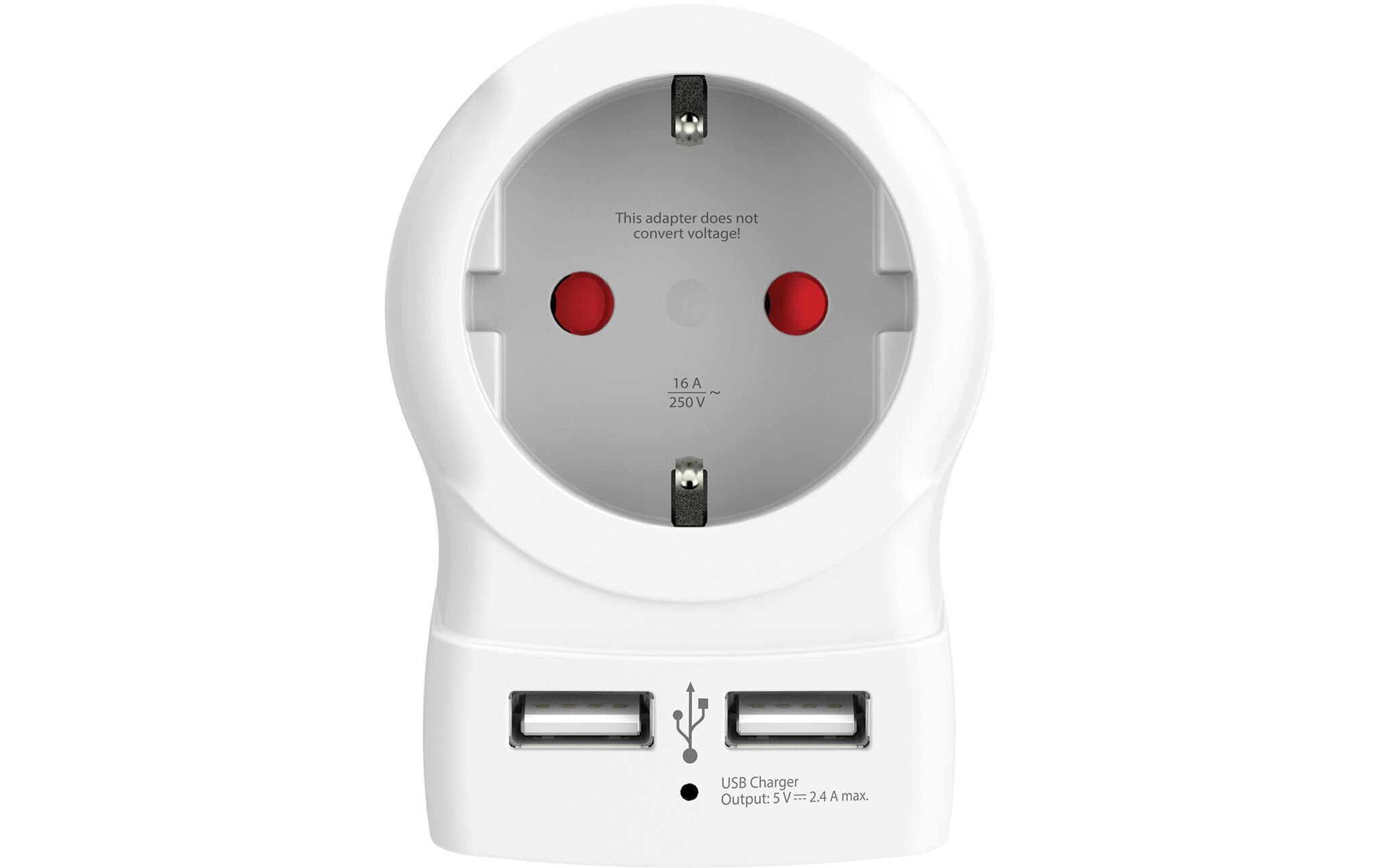 Reiseadapter Country Europe / Europe, USBReiseadapter für alle geerdeten und ungeerdeten 2- und 3-poligen Geräte, sowie USB-Geräte