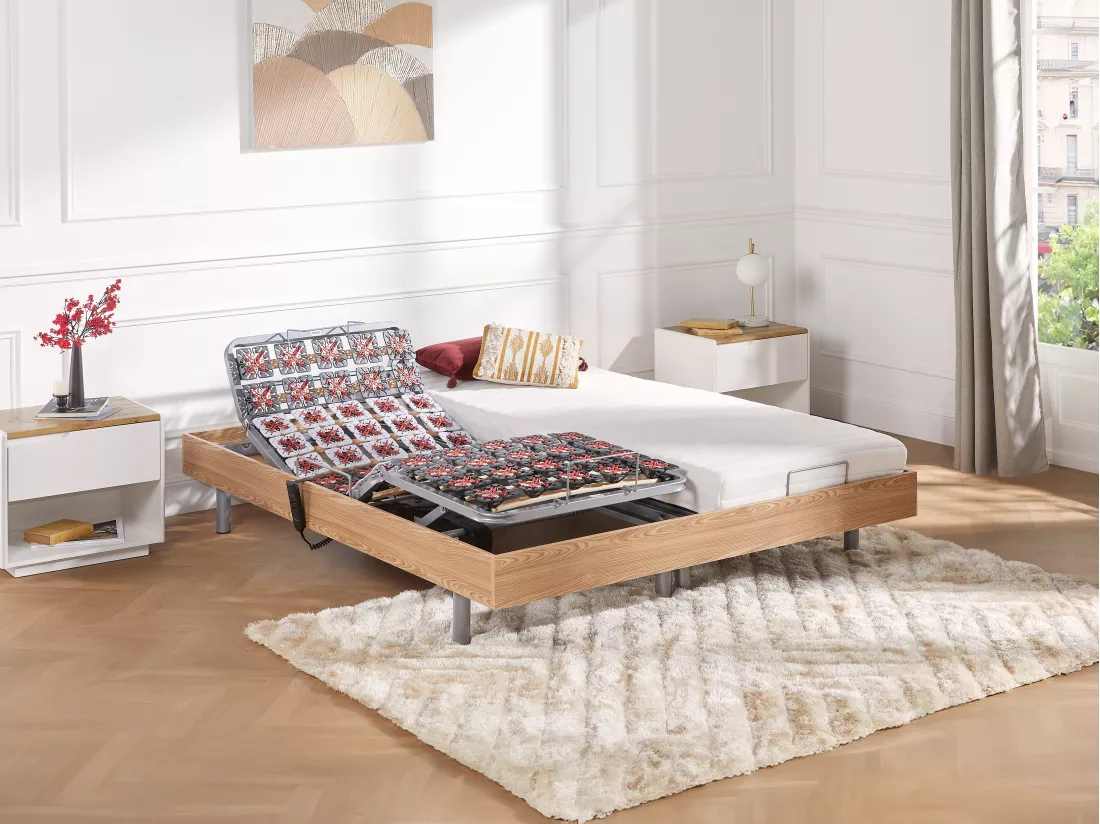 Lit électrique de relaxation tout plots + matelas latex - 2 x 90 x 200 cm - Chêne - CASSIOPEE III de YSMÉE