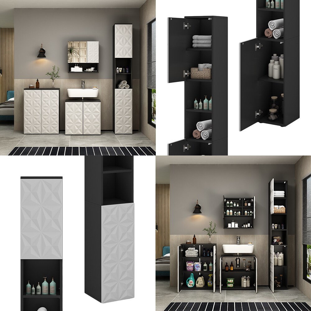 Vicco Hochschrank Badschrank Badezimmermöbel Edge Schwarz Weiß modern 30x190 cm Badkommode Badezimmer Schrank Badmöbel 2 Türen 6 Fächer