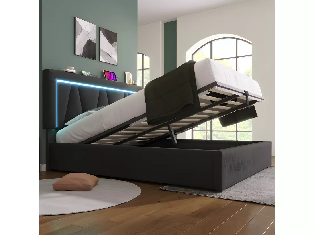 Lit coffre rembourré 160x200cm avec LED et Port de charge USB et Type-C - Tissu en Lin - sommier à lattes - Gris