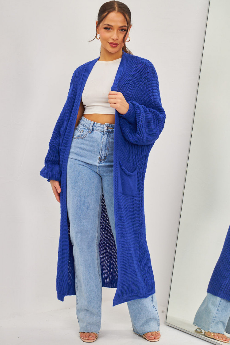 Gilet long bleu électrique en grosses mailles