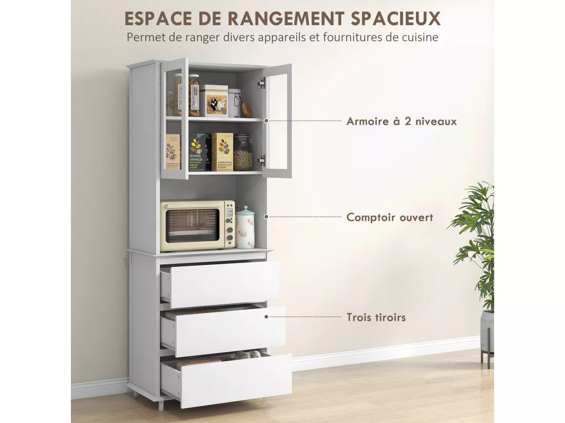 Buffet haut de cuisine 2 portes vitrées étagère niche 3 tiroirs dim. 68L x 38l x 172H cm MDF blanc
