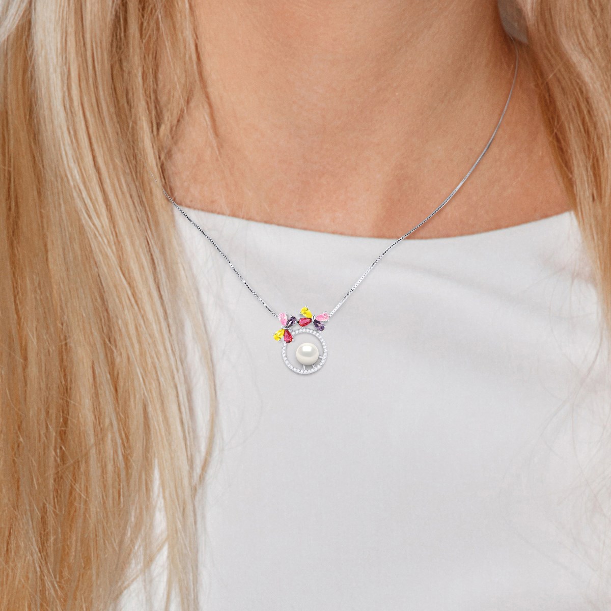 Collier PAPILLONS Perle d'Eau Douce Ronde 8-9 mm Blanche Argent 925