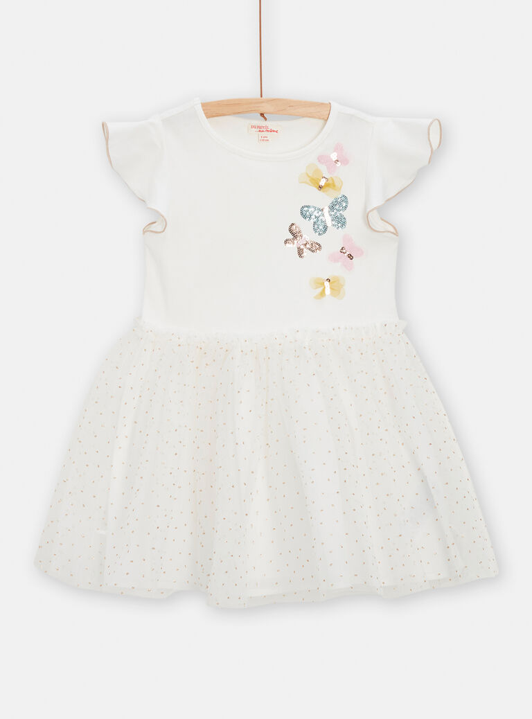 Robe écru bi-matière animation papillons pour fille