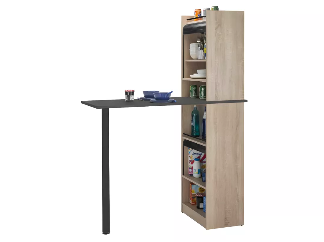 Table comptoir de cuisine + Meubles rangement Noir/Chêne - LUFAY