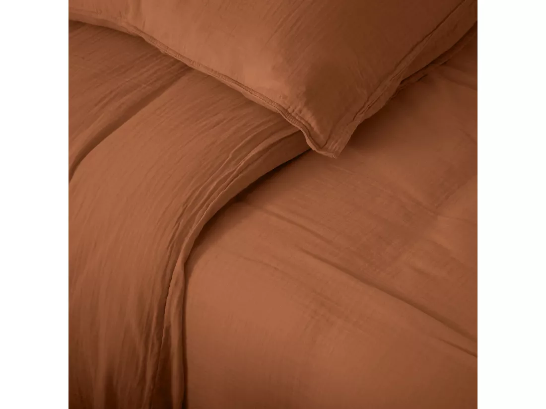 Housse de couette 260x240 cm mousseline de coton MILOS marron terre cuite