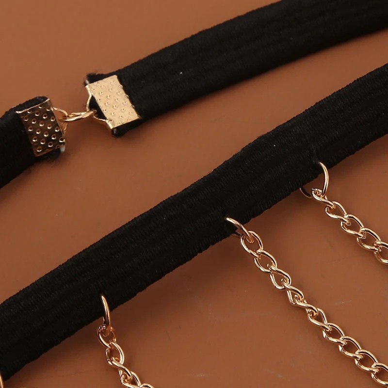 (Ø18-45cm) Elastische Bein Kette Boho Körper Schmuck Oberschenkel Festival Accessoire 4 Ketten - Gold / Schwarz