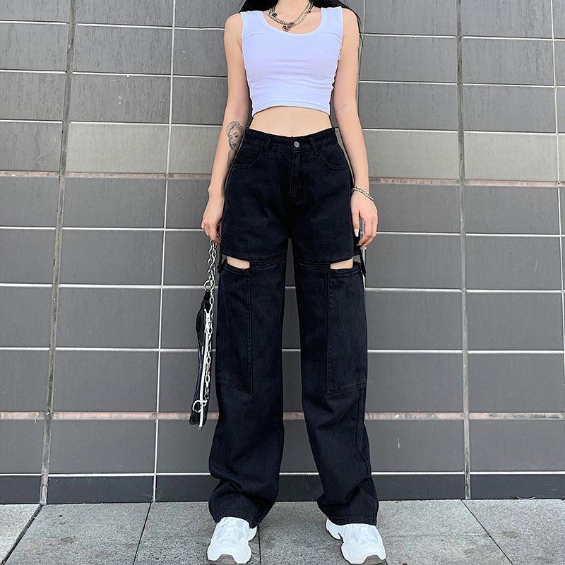 Sosana - Hoge taille rechte jeans met distressed pijpen