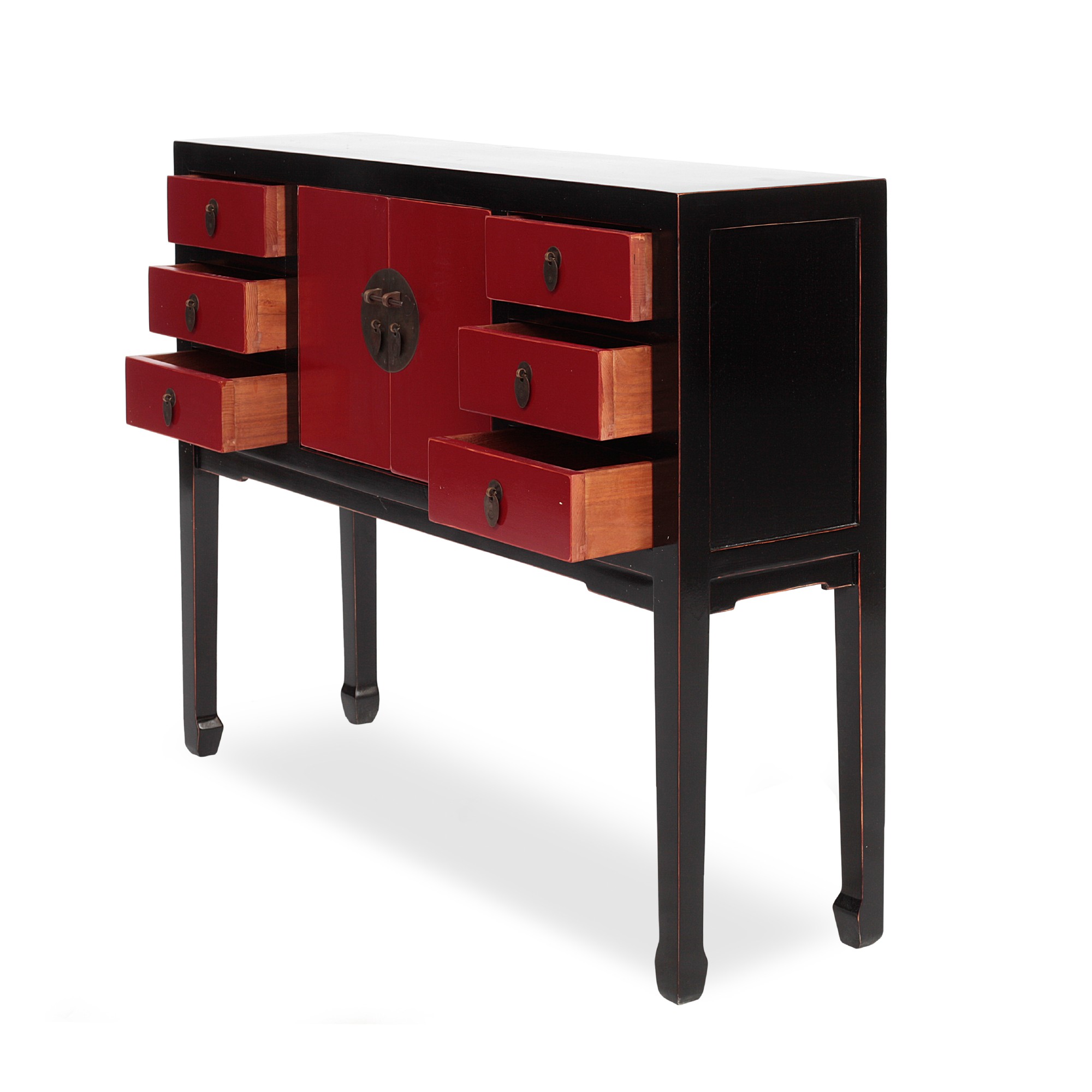 Anrichte ‚Long Wei‘, 2 Türen, 6 Schubladen, schwarz, rot, B 100 cm, H 82 cm, L 28 cm von fischer's lagerhaus
