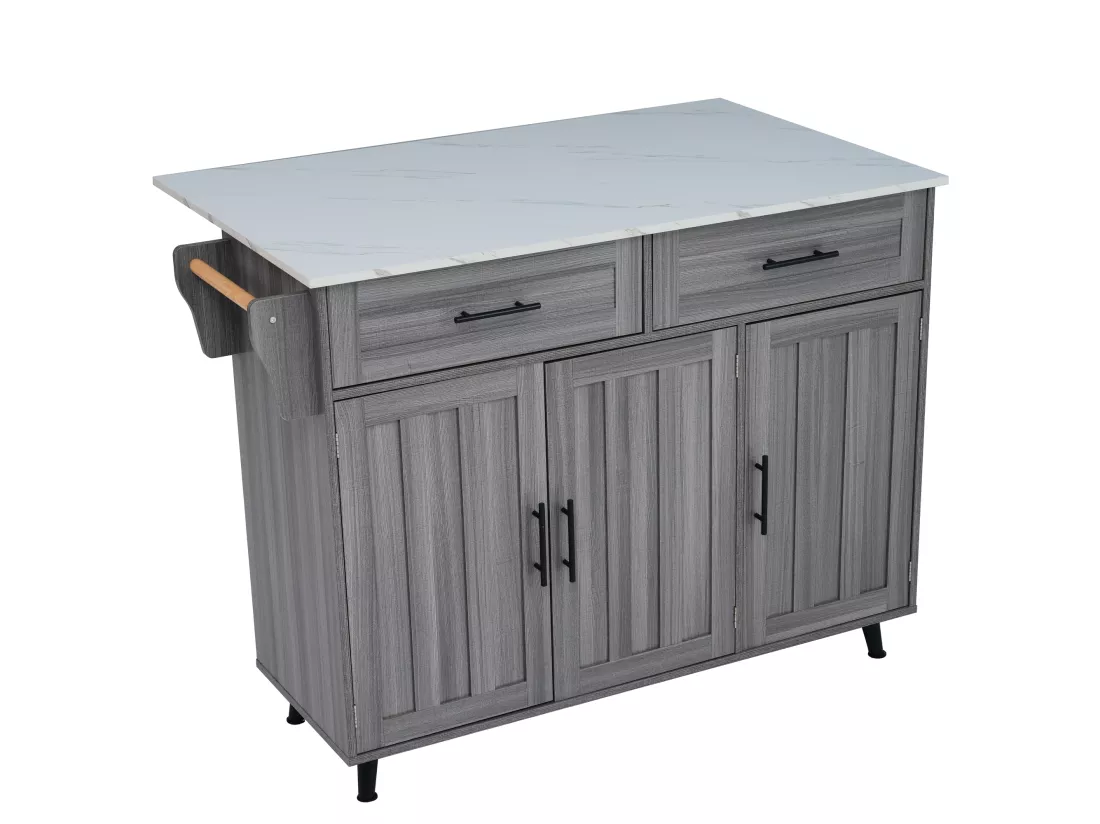 Ilot central de cuisine mobile - Plateau extensible - 2 tiroirs + portes d'armoire de rangement - Gris