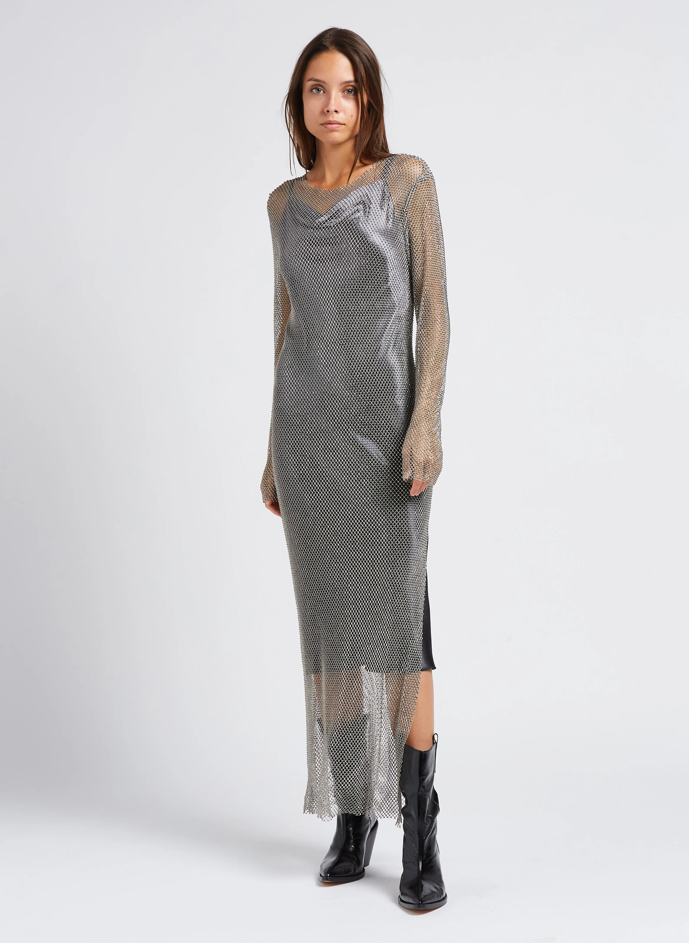 MAGDA - Robe longue col bateau à strass| Gris