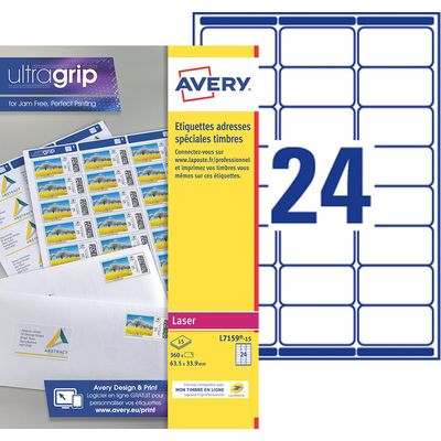 Avery - 360 Étiquettes Mon timbre en ligne - 63,5 x 33,9 mm - Impression laser - réf L7159-15