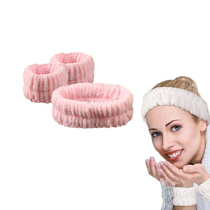 (3-tlg. Set) Mikrofaser Gesichts Pflege Haarband Spa Handgelenk Armband (One Size) - Rosa