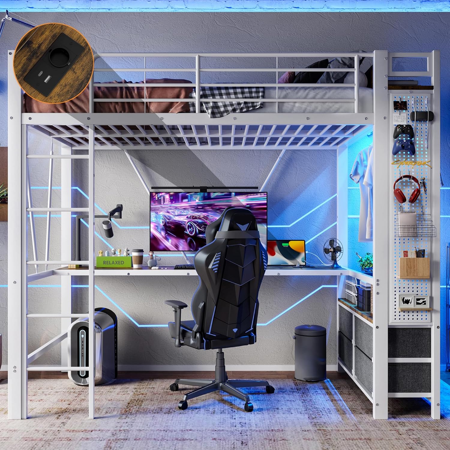 Etagenbett Hochbett 90x200, mit LED Leiste und USB Steckdose, Kinderbett mit 4 Schubladen und Schreibtisch, Trockenstab & Einlegeböden & Lochbrett, Bettgestell mit Rausfallschutz & Leiter(Weiß-C)