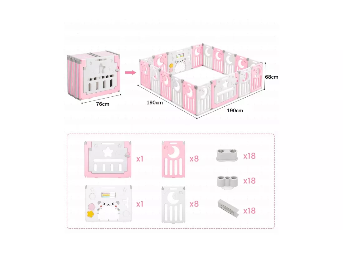 Parc Bébé 16+2 Panneaux,Barrière de Sécurité Portail Parc XXL,Grille de Protection en Plastiqu Ecologiques avec Porte,190x190cm,Rose