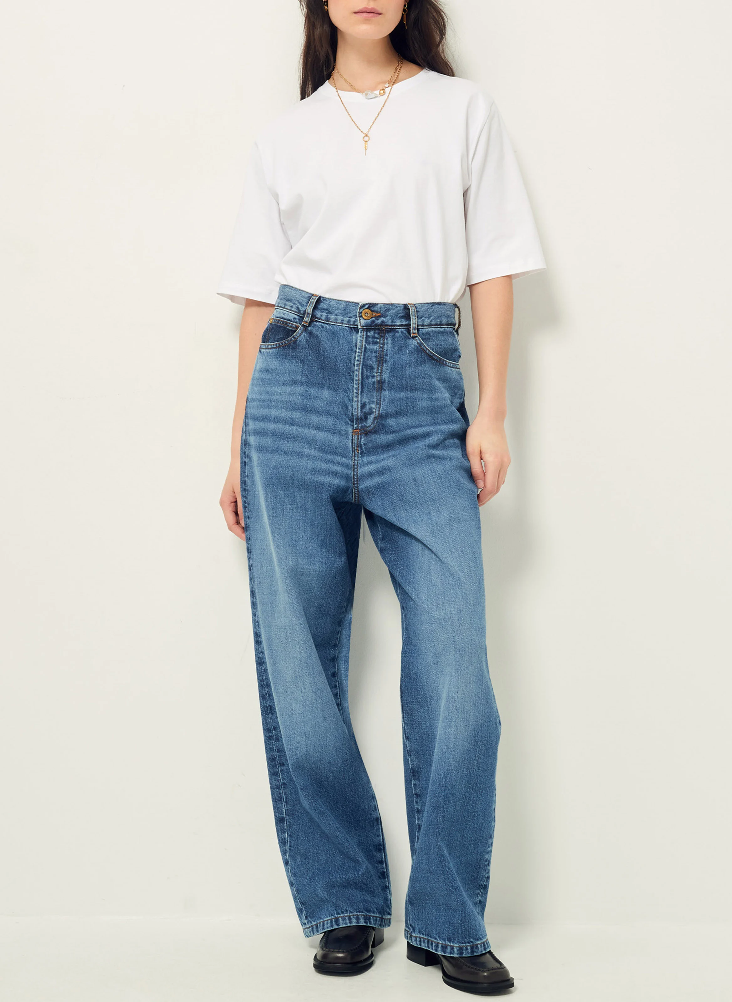 PAPERLOVE - Jean large taille haute en coton | Bleu