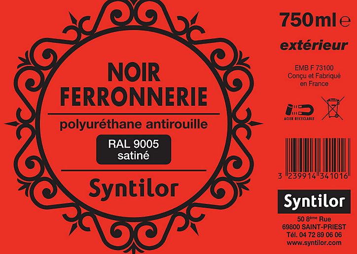 Peinture extérieure fer antirouille noir satiné Syntilor 750ml
