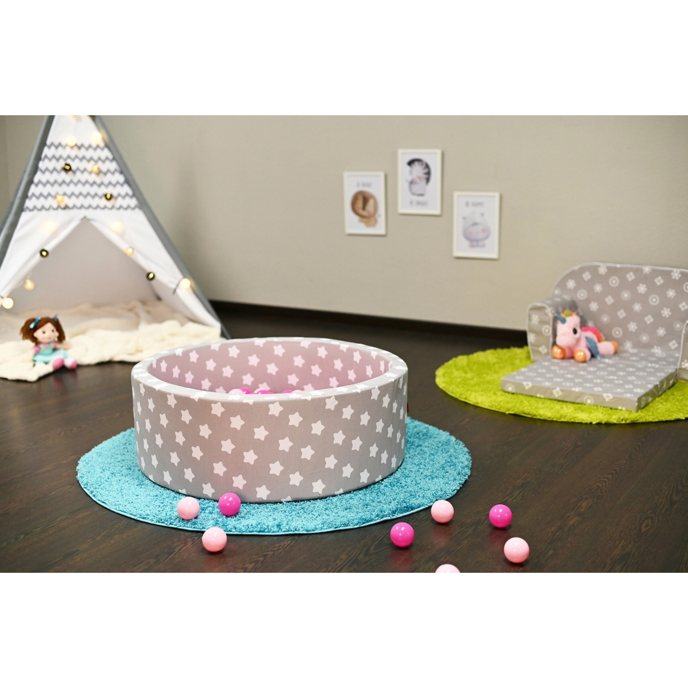 Knorrtoys Bällebad soft - Grey white stars mit 300 Bällen grau/soft pink