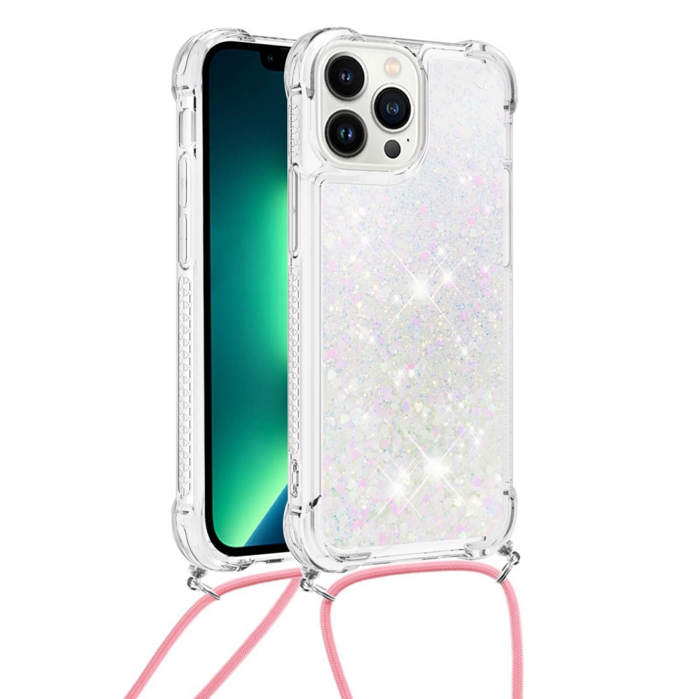 iPhone 14 Pro Necklace Gummi Hülle Liquid Glitzer   Handykette (130cm) - Rosa / Silber