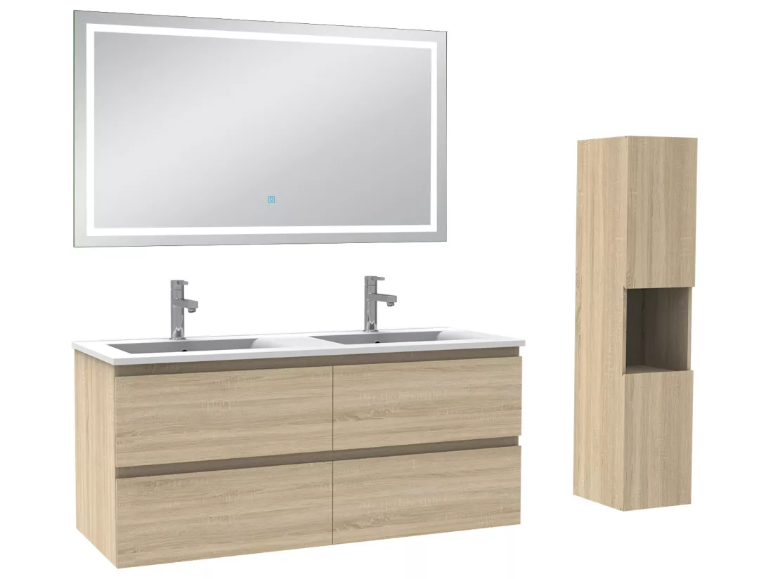 Ensemble meubles double vasque 120cm, colonne + miroir lumineux Chêne Wotan - Aica